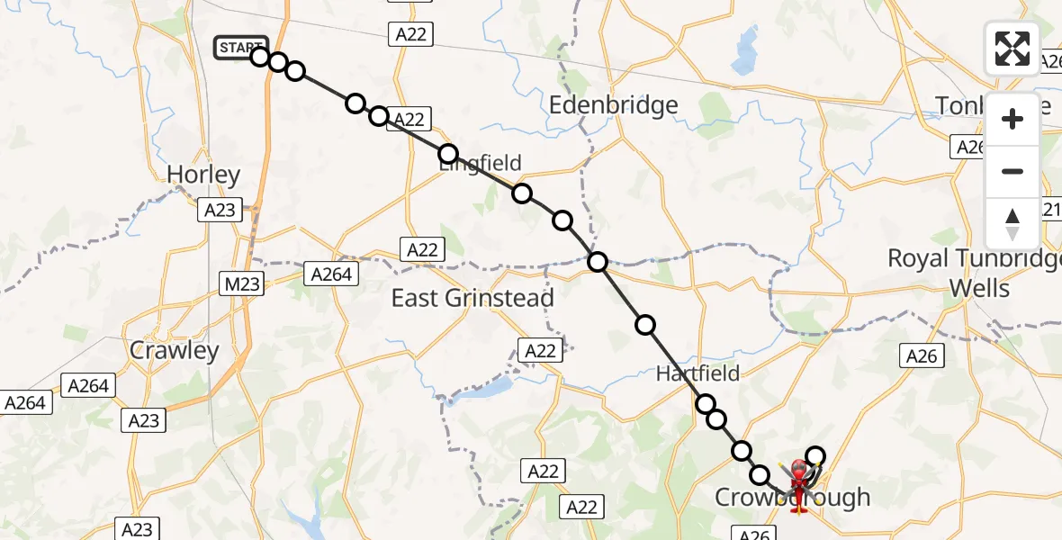 Flight route Air Ambulance Helicopter Redhill Aerodrome - Crowborough, 08 August 2026, 03:25