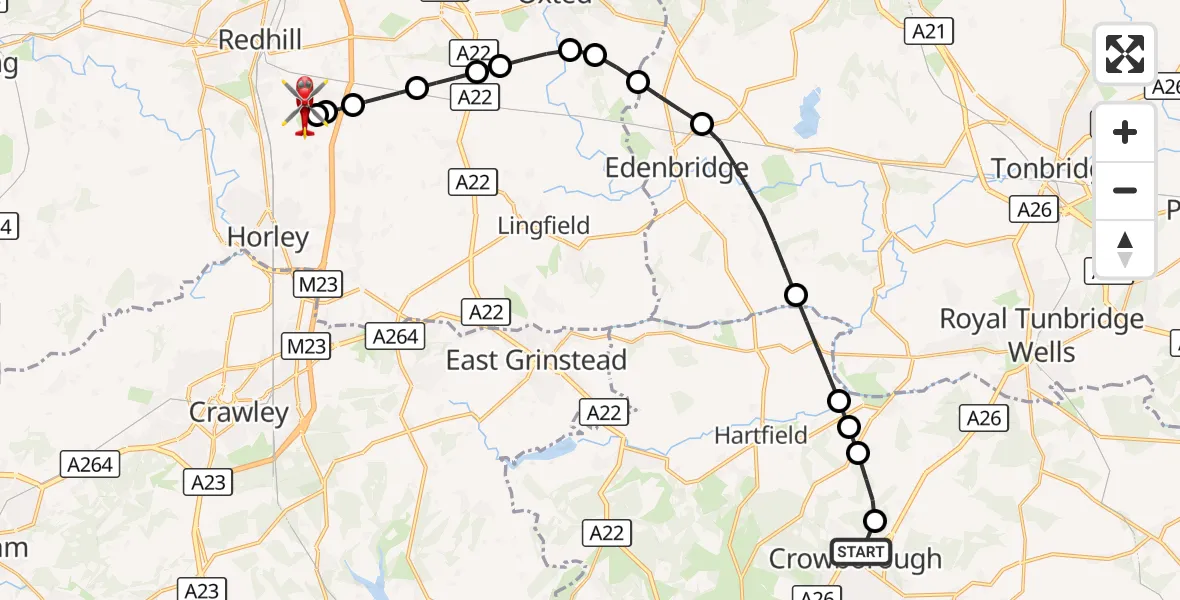 Flight route Air Ambulance Helicopter Crowborough - Redhill Aerodrome, 08 August 2026, 05:05