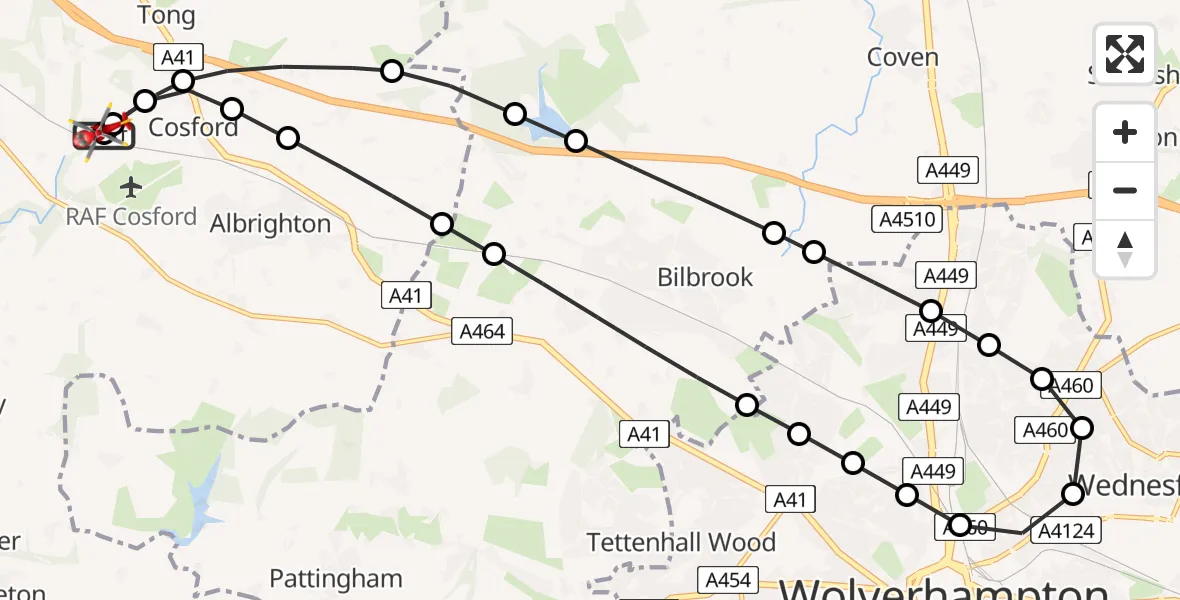Flight route Air Ambulance Helicopter RAF Cosford - Cosford, 08 August 2026, 06:15