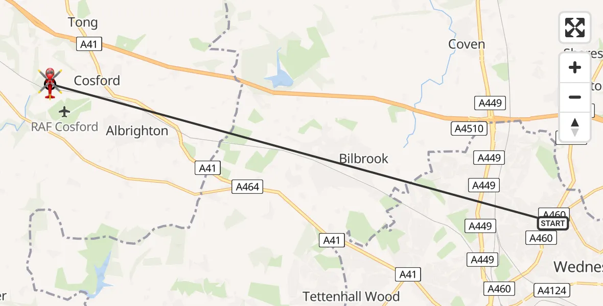 Flight route Air Ambulance Helicopter Wednesfield - Cosford, 08 August 2026, 06:29