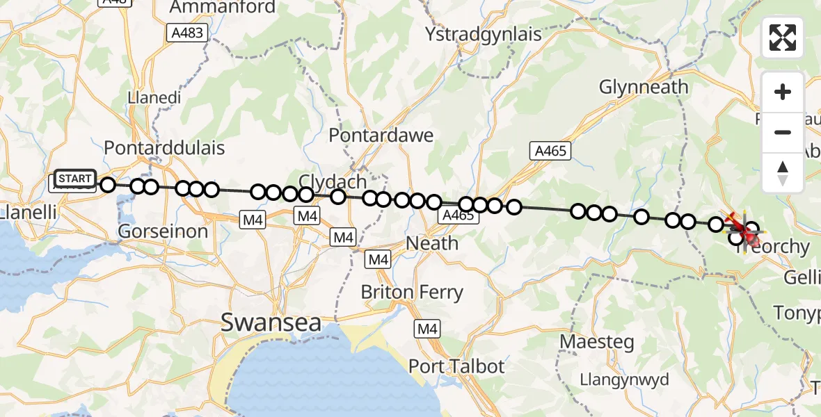 Flight route Air Ambulance Helicopter Dafen - Treorchy, 08 August 2026, 06:44