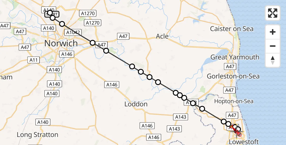 Flight route Air Ambulance Helicopter Norwich Airport - Lowestoft, 08 August 2026, 06:45