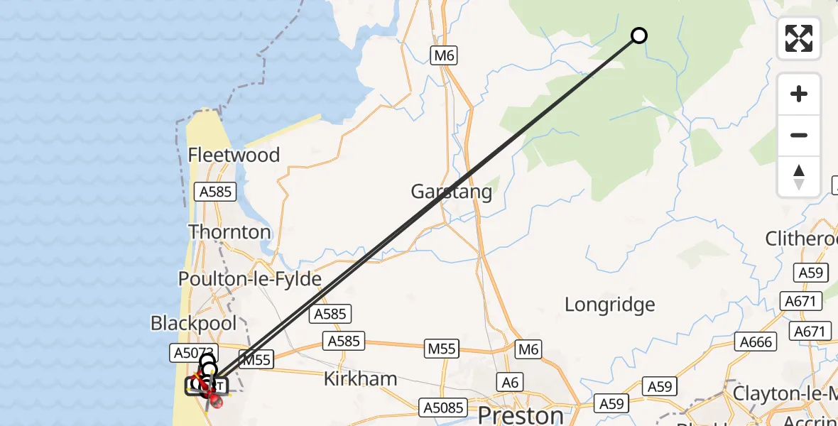 Flight route Air Ambulance Helicopter Blackpool Airport - Blackpool Airport, 08 August 2026, 07:24