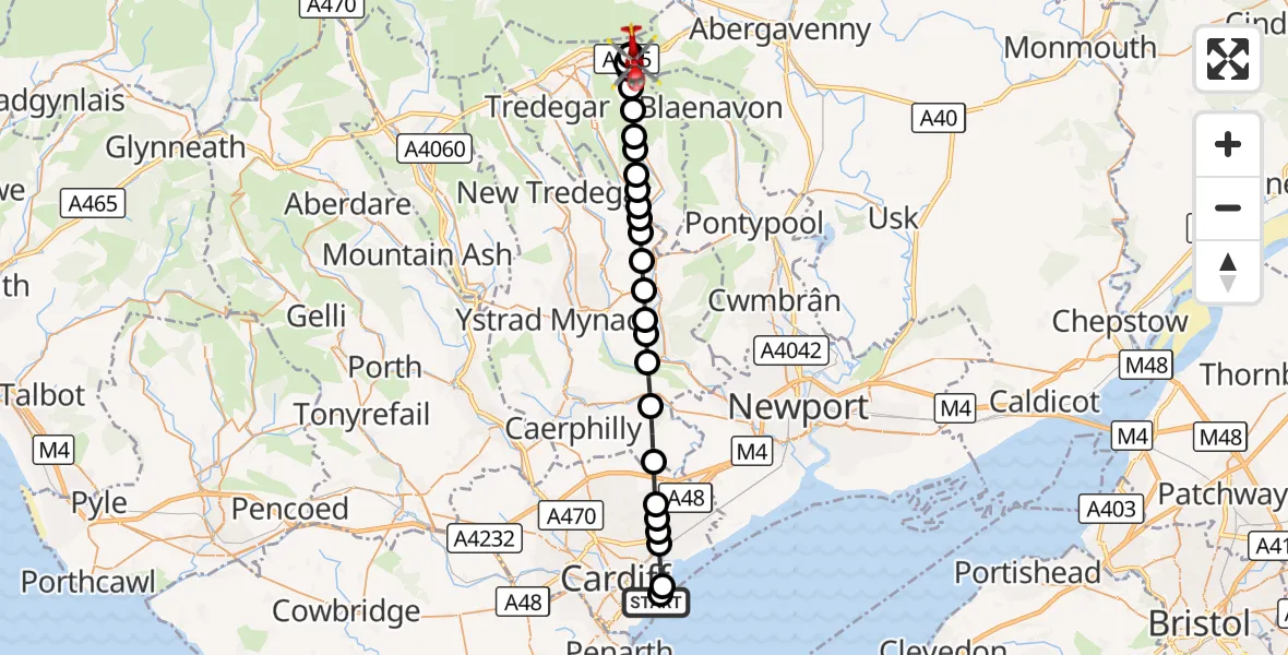 Flight route Air Ambulance Helicopter Cardiff Heliport - Darrenfelen, 08 August 2026, 07:49