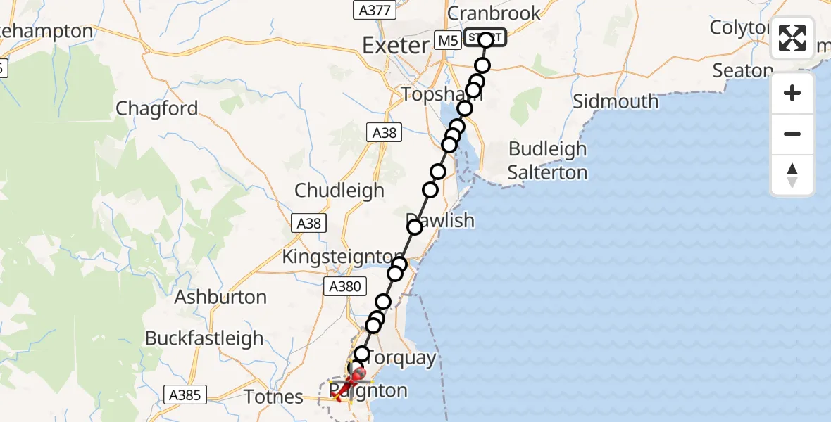 Flight route Air Ambulance Helicopter Exeter International Airport - Paignton, 08 August 2026, 08:00