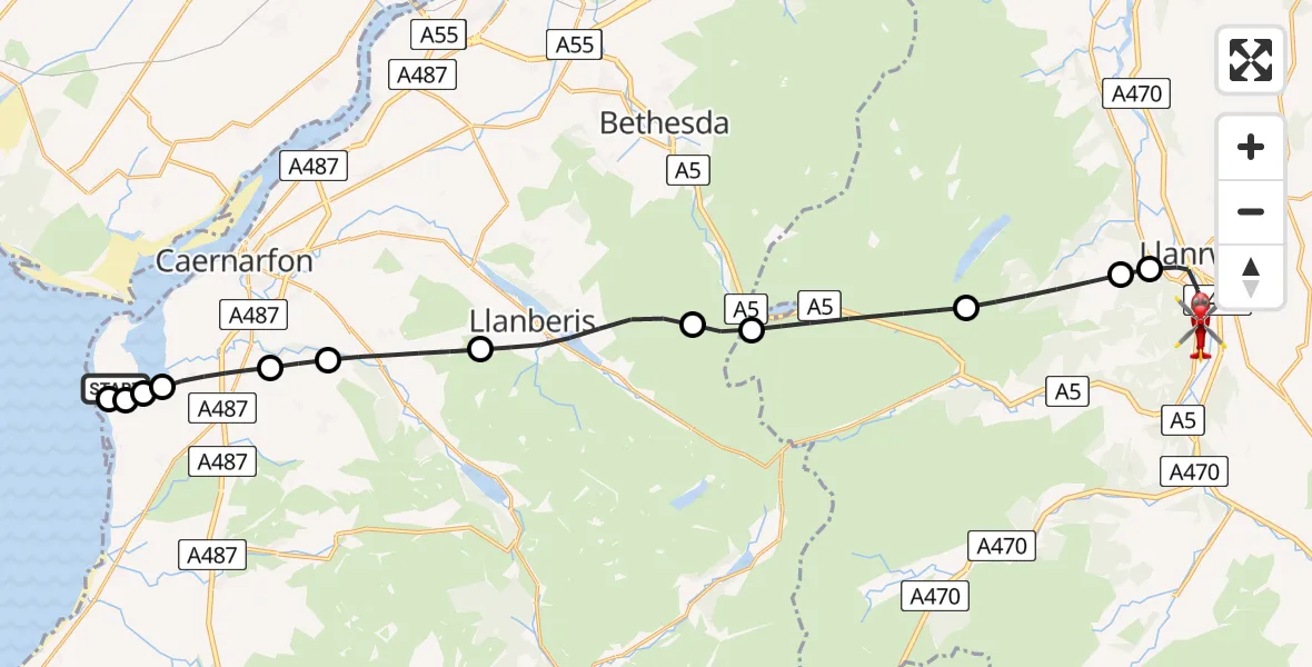 Flight route Air Ambulance Helicopter Caernarfon Airport - Llanrwst, 08 August 2026, 08:06