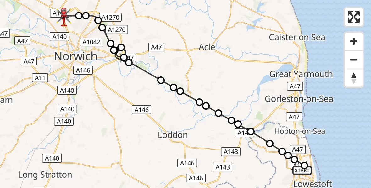 Flight route Air Ambulance Helicopter Lowestoft - Norwich Airport, 08 August 2026, 08:10