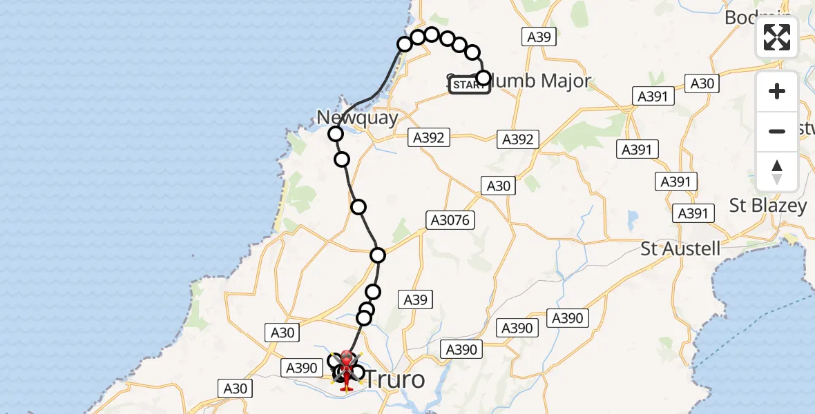 Flight route Air Ambulance Helicopter Cornwall Airport Newquay - Treliske Hospital, 08 August 2026, 08:13