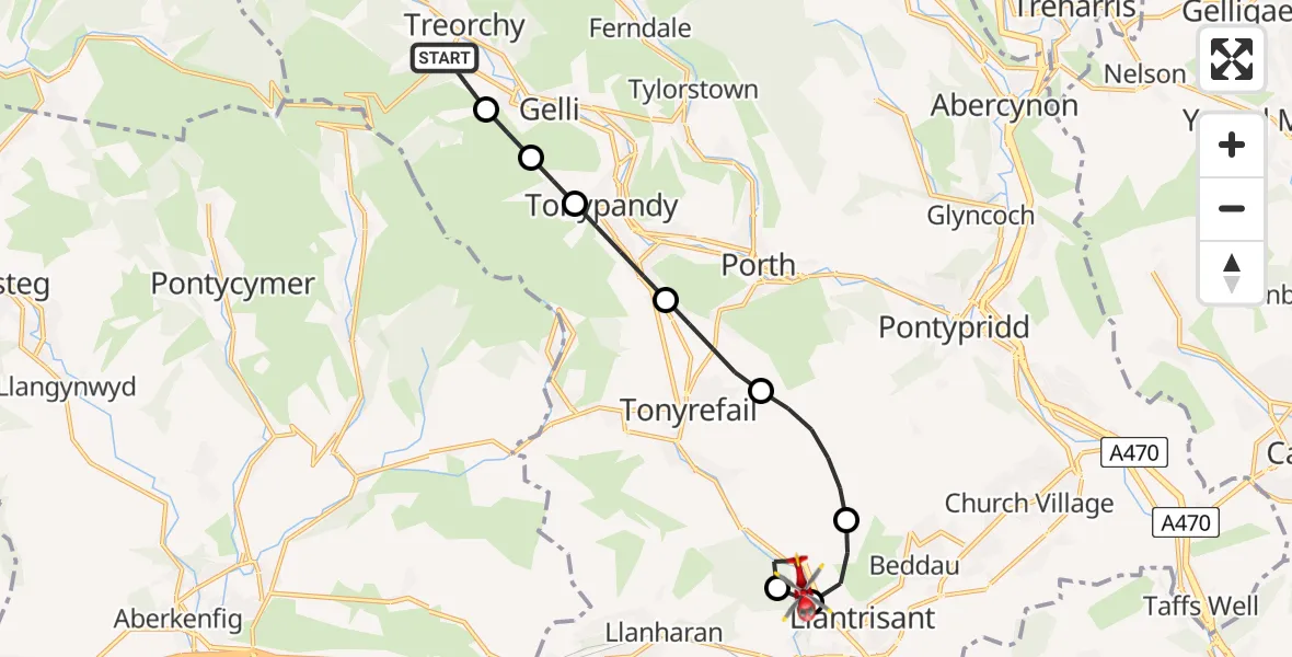 Flight route Air Ambulance Helicopter Treorchy - Llantrisant, 08 August 2026, 08:21