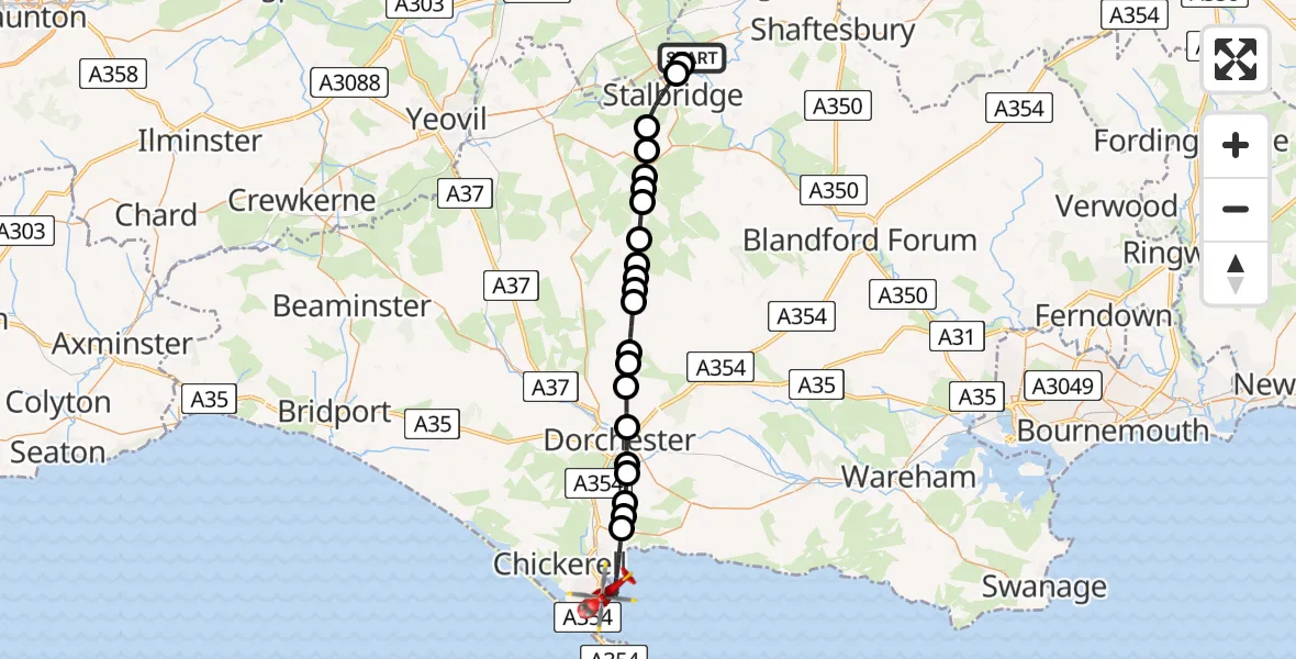 Flight route Air Ambulance Helicopter Henstridge Airfield - Weymouth, 08 August 2026, 08:24