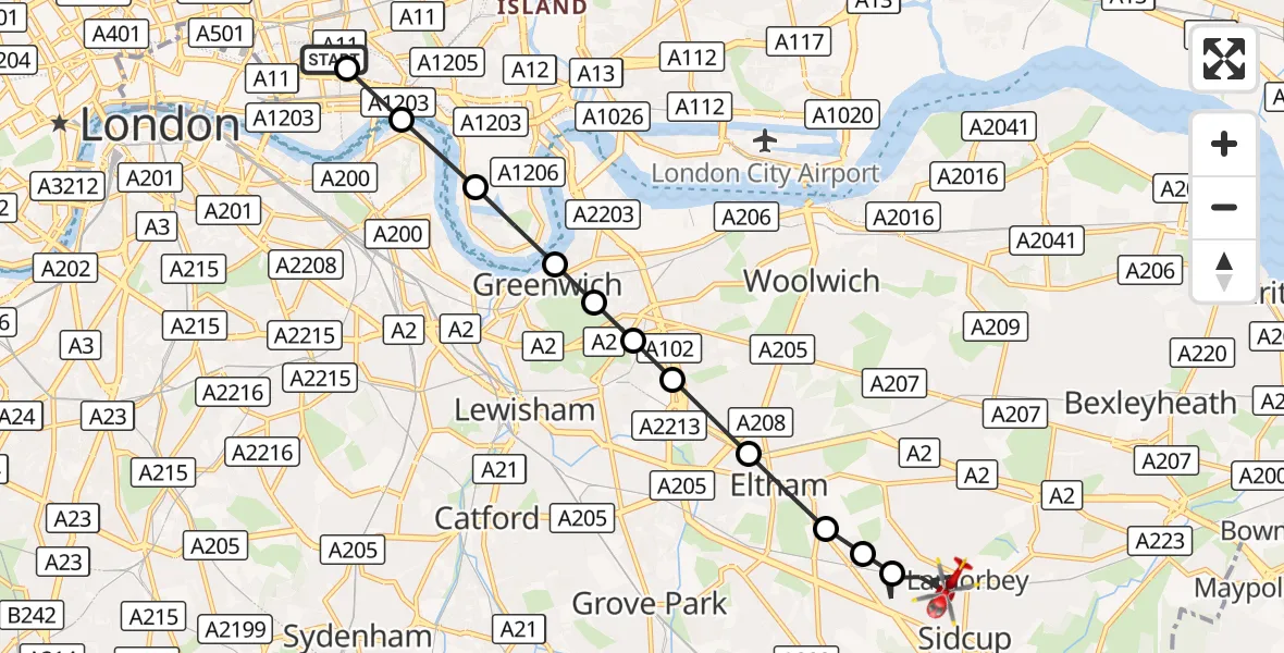Flight route Air Ambulance Helicopter Royal London Hospital - Longlands, 08 August 2026, 08:29
