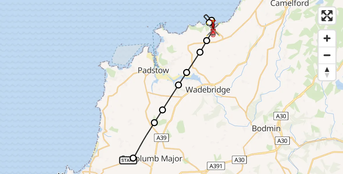 Flight route Air Ambulance Helicopter Cornwall Airport Newquay - Port Isaac, 08 August 2026, 08:37