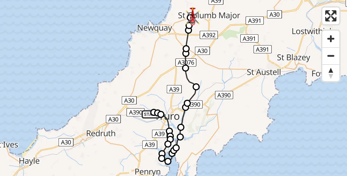 Flight route Air Ambulance Helicopter Treliske Hospital - Cornwall Airport Newquay, 08 August 2026, 08:44