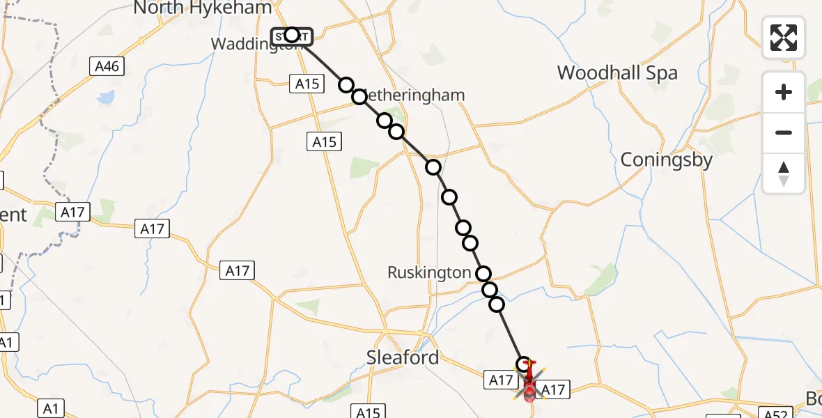 Flight route Air Ambulance Helicopter RAF Waddington - Heckington, 08 August 2026, 08:47