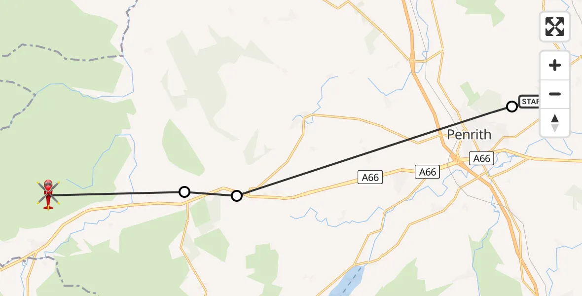 Flight route Air Ambulance Helicopter Langwathby - Threlkeld, 08 August 2026, 08:57