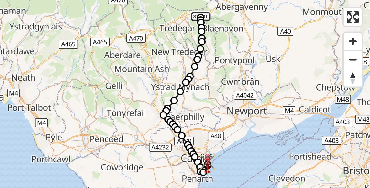 Flight route Air Ambulance Helicopter Brynmawr - Cardiff Heliport, 08 August 2026, 08:57