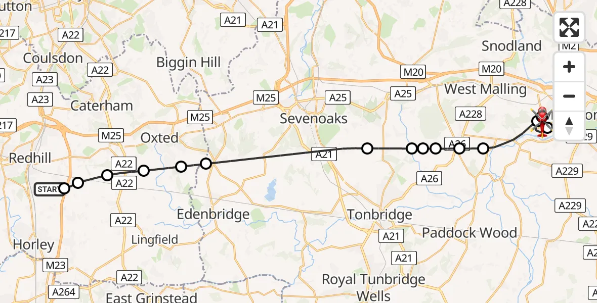 Flight route Air Ambulance Helicopter Redhill Aerodrome - Tonbridge and Malling, 08 August 2026, 09:03