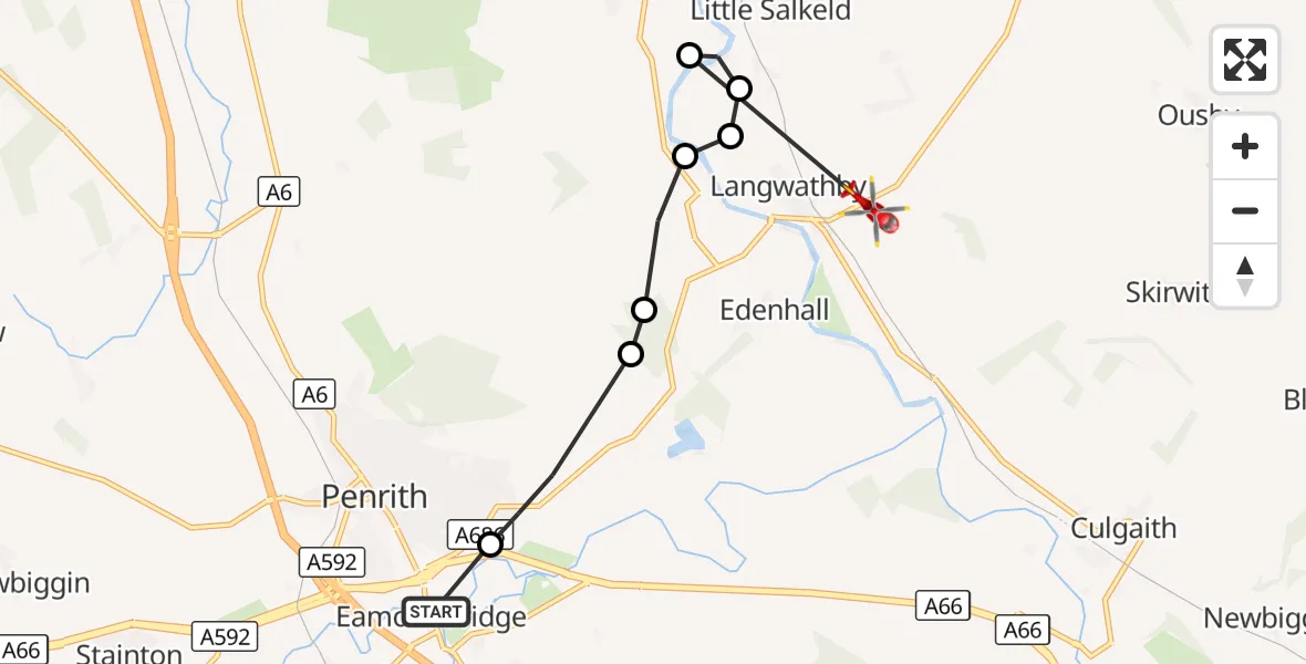 Flight route Air Ambulance Helicopter Eamont Bridge - Skirwith, 08 August 2026, 09:17