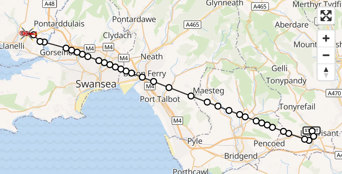 Flight route Air Ambulance Helicopter Royal Glamorgan Hospital Heliport - Dafen, 08 August 2026, 09:26