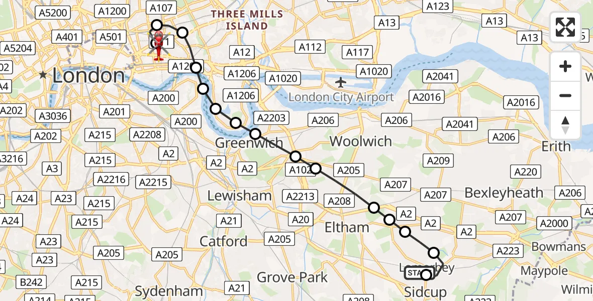 Flight route Air Ambulance Helicopter Longlands - Royal London Hospital, 08 August 2026, 09:27