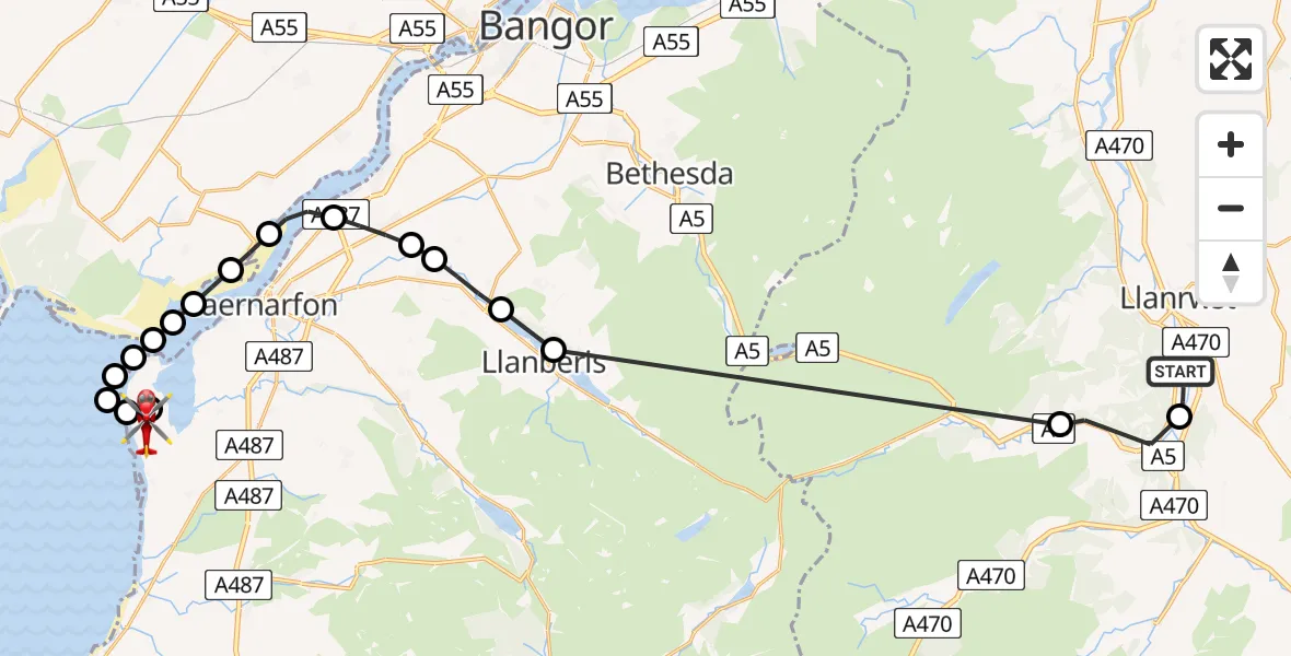 Flight route Air Ambulance Helicopter Llanrwst - Caernarfon Airport, 08 August 2026, 09:30