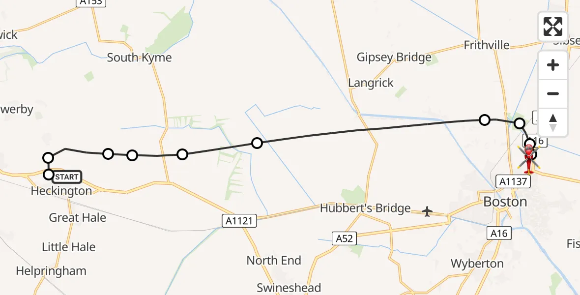 Flight route Air Ambulance Helicopter Heckington - Boston, 08 August 2026, 09:31