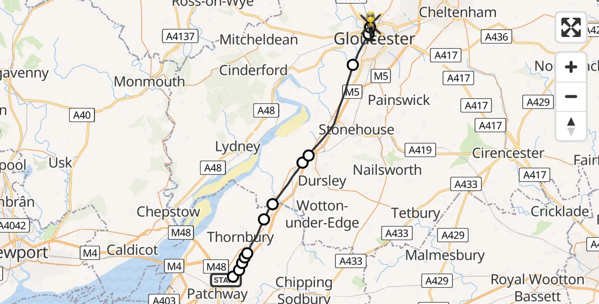 Flight route Police Helicopter Almondsbury Helicopter Base - Tewkesbury, 08 August 2026, 09:40