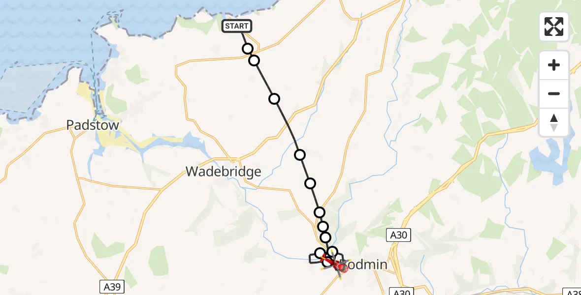 Flight route Air Ambulance Helicopter Port Isaac - Bodmin, 08 August 2026, 09:49