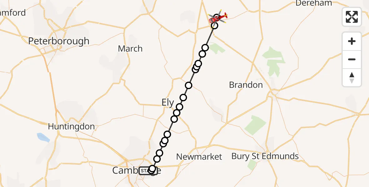 Flight route Air Ambulance Helicopter Cambridge City Airport - Shouldham, 08 August 2026, 09:52