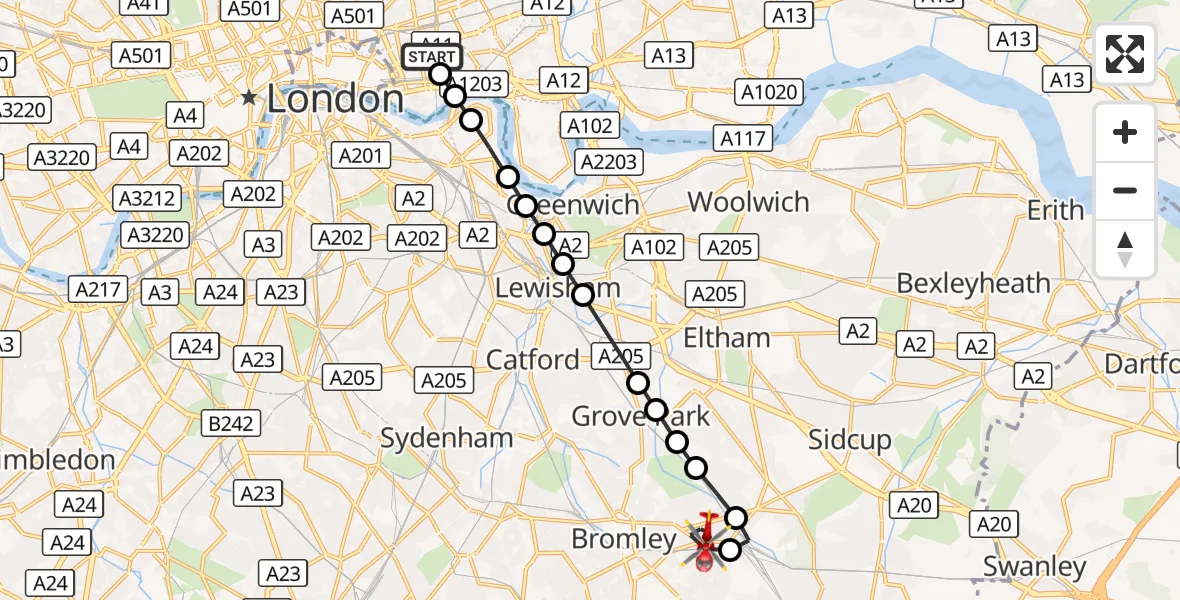 Flight route Air Ambulance Helicopter Royal London Hospital - Bickley, 08 August 2026, 09:58