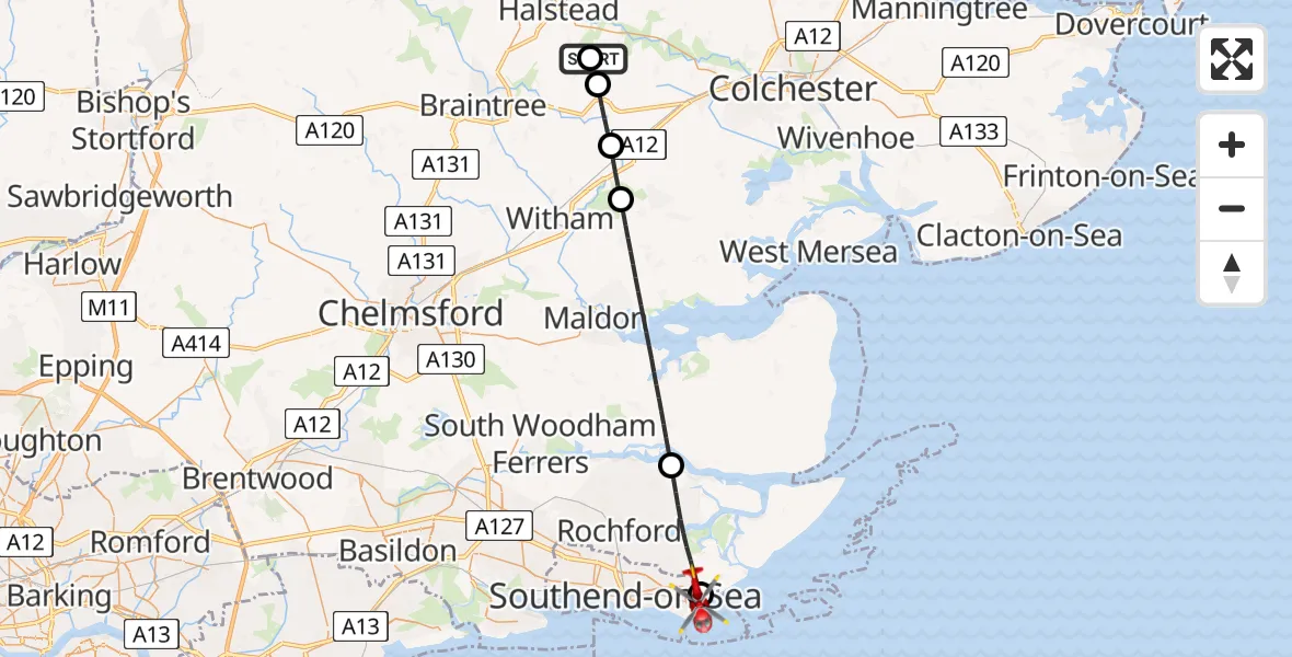 Flight route Air Ambulance Helicopter Earls Colne Airfield - Shoeburyness, 08 August 2026, 10:01