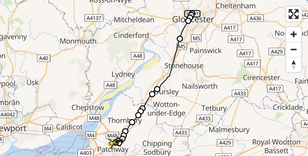 Flight route Police Helicopter Gloucester - Almondsbury Helicopter Base, 08 August 2026, 10:04