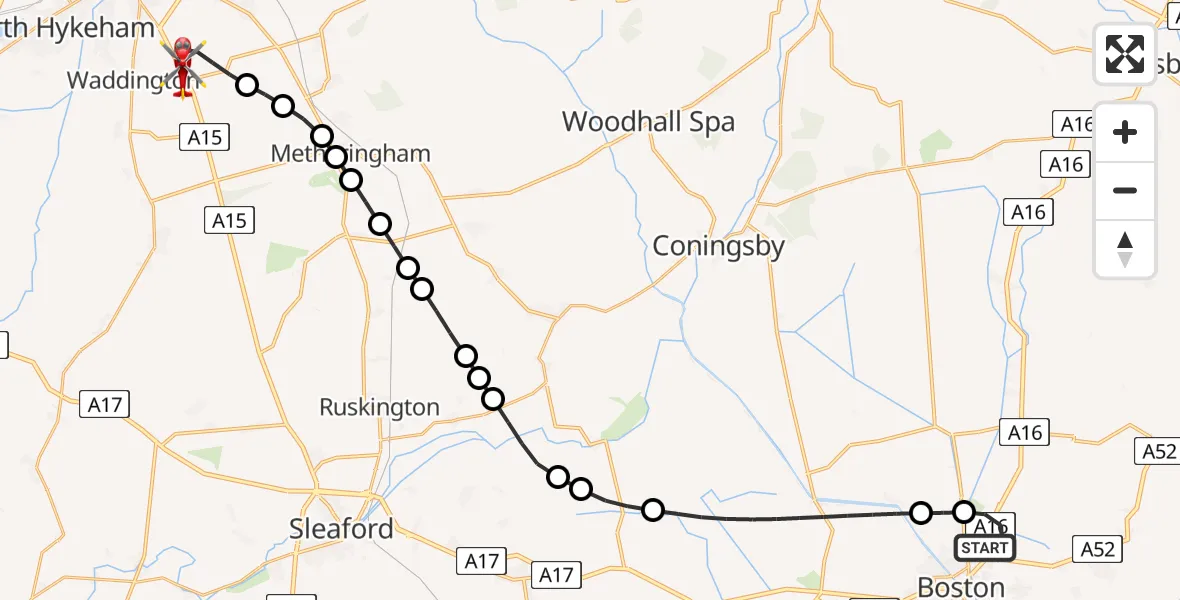 Flight route Air Ambulance Helicopter Boston - North Kesteven, 08 August 2026, 10:16