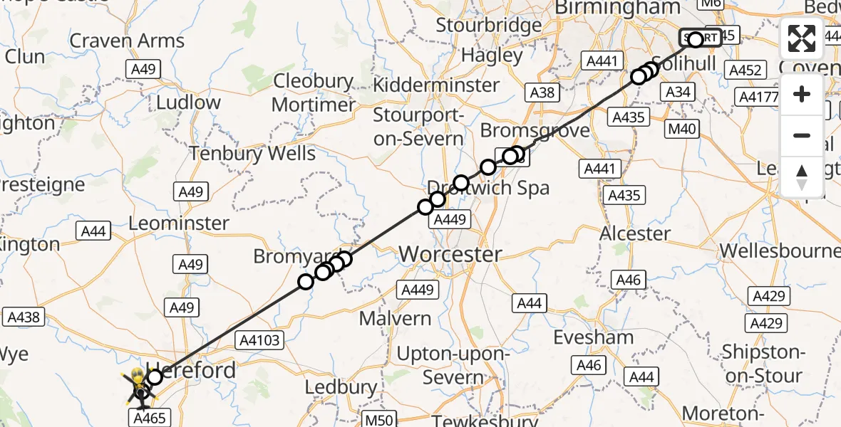Flight route Police Helicopter Birmingham Airport - Allensmore, 08 August 2026, 10:20
