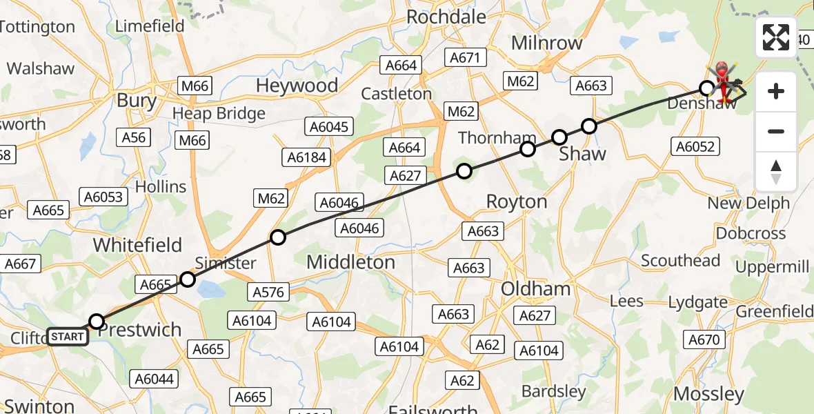 Flight route Air Ambulance Helicopter Pendlebury - Oldham, 08 August 2026, 10:42