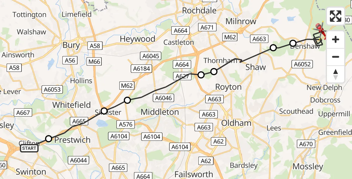 Flight route Air Ambulance Helicopter Clifton - Oldham, 08 August 2026, 10:42