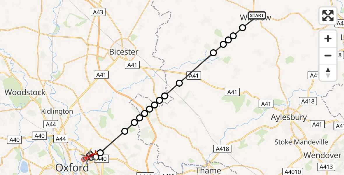 Flight route Air Ambulance Helicopter Winslow - Oxford, 08 August 2026, 10:42