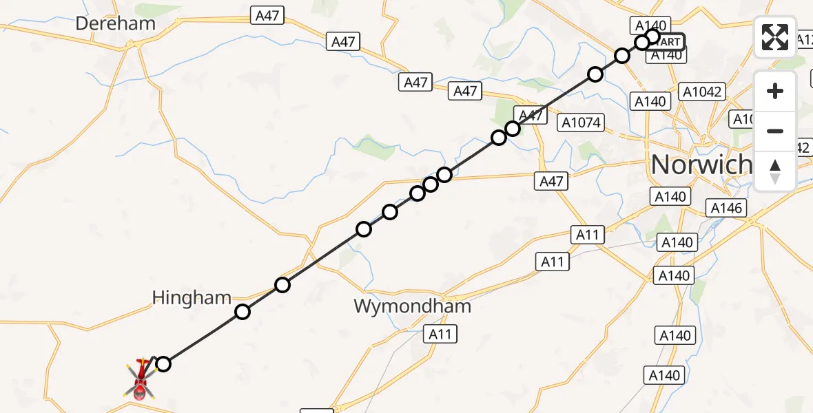 Flight route Air Ambulance Helicopter Norwich Airport - Little Ellingham, 08 August 2026, 10:43