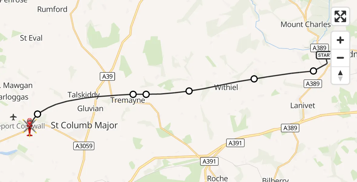 Flight route Air Ambulance Helicopter Bodmin - Cornwall Airport Newquay, 08 August 2026, 10:43