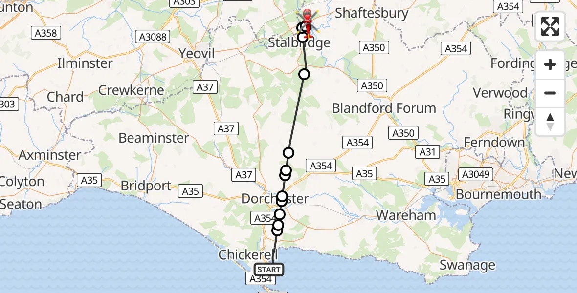 Flight route Air Ambulance Helicopter Weymouth - Henstridge Airfield, 08 August 2026, 10:46