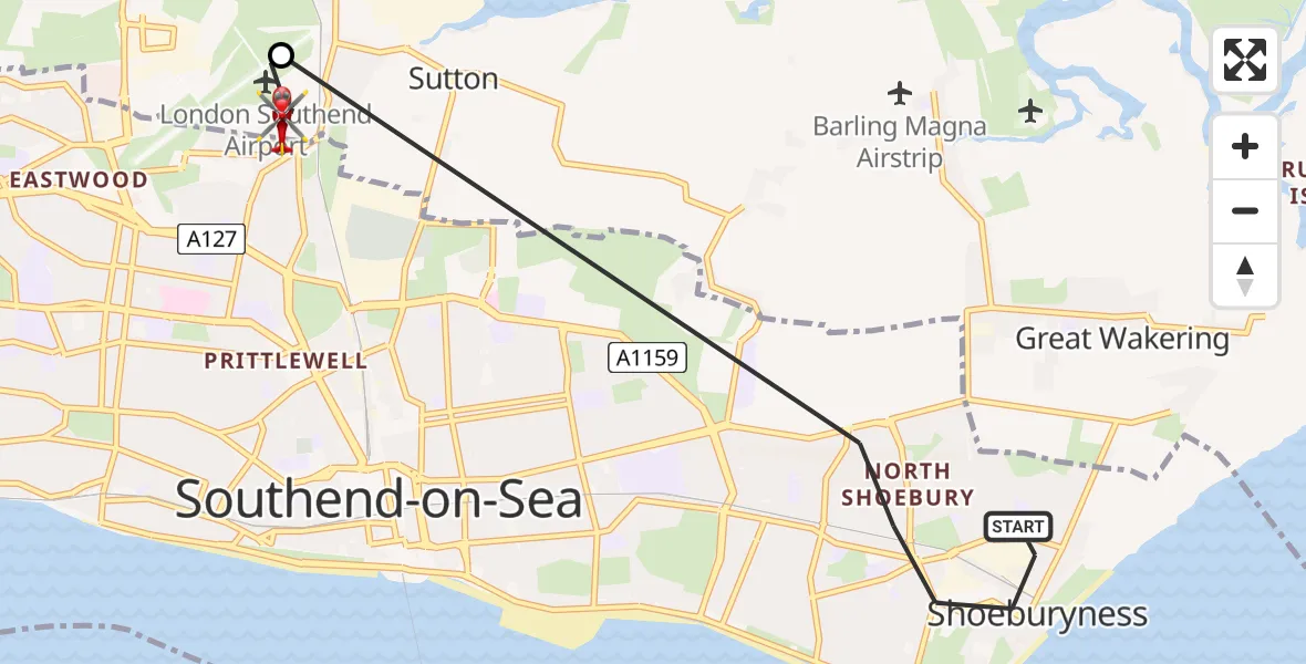 Flight route Air Ambulance Helicopter Shoeburyness - London Southend Airport, 08 August 2026, 10:53