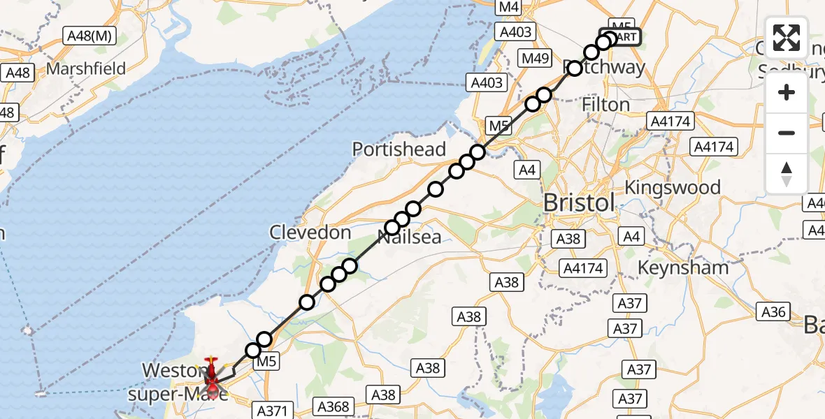 Flight route Air Ambulance Helicopter Almondsbury Helicopter Base - Weston-super-Mare, 08 August 2026, 11:01