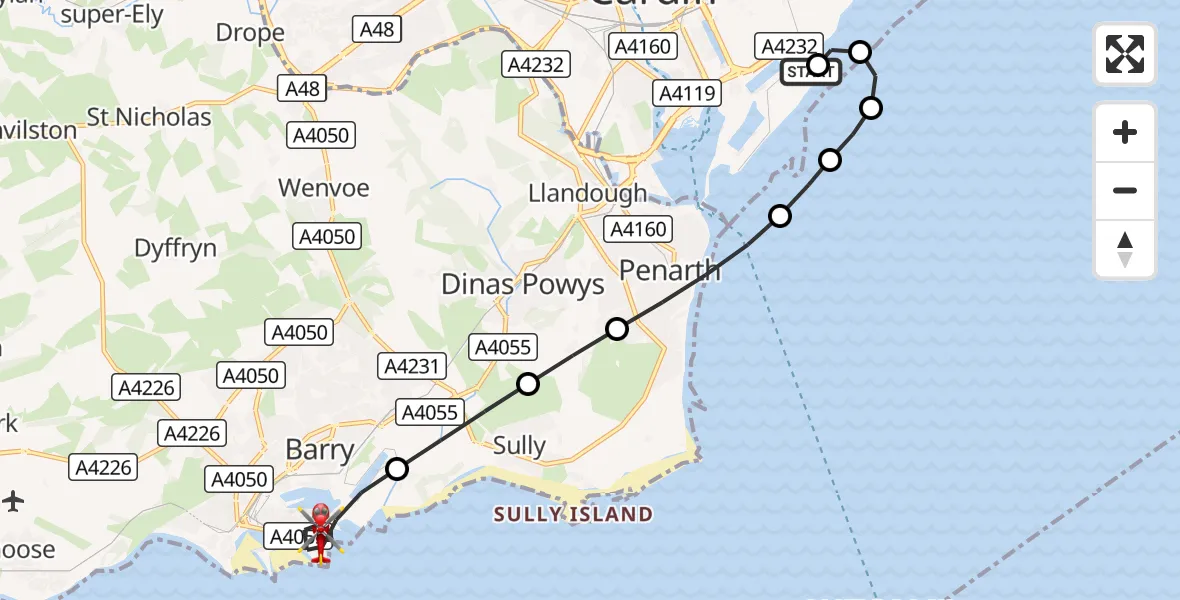 Flight route Air Ambulance Helicopter Cardiff Heliport - Barry, 08 August 2026, 11:03
