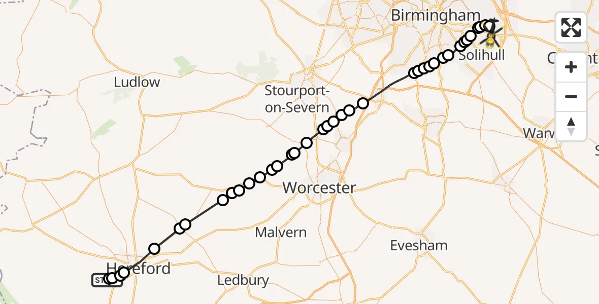 Flight route Police Helicopter Clehonger - Solihull, 08 August 2026, 11:07
