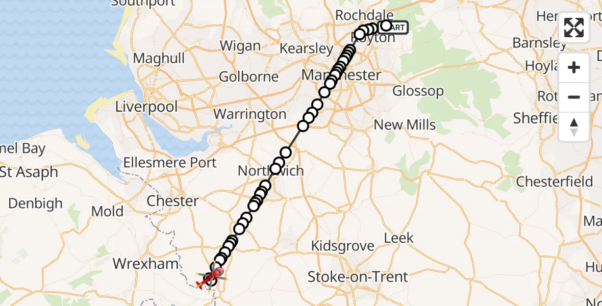 Flight route Air Ambulance Helicopter Oldham - Malpas, 08 August 2026, 11:10