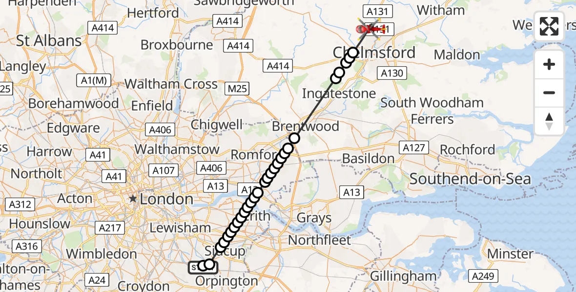Flight route Air Ambulance Helicopter Bickley - Chelmsford, 08 August 2026, 11:12