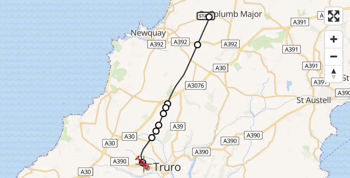 Flight route Air Ambulance Helicopter Cornwall Airport Newquay - Treliske Hospital, 08 August 2026, 11:19