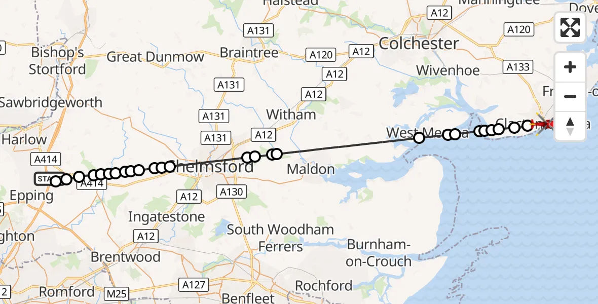 Flight route Air Ambulance Helicopter North Weald Airfield - Clacton-on-Sea, 08 August 2026, 11:25