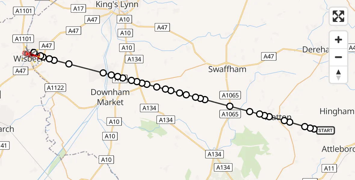 Flight route Air Ambulance Helicopter Little Ellingham - Wisbech, 08 August 2026, 11:28