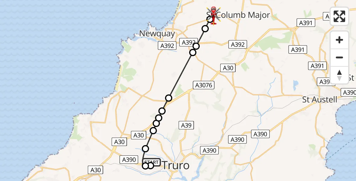 Flight route Air Ambulance Helicopter Treliske Hospital - Cornwall Airport Newquay, 08 August 2026, 11:32